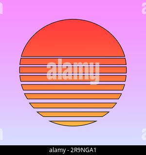 Vector illustration of retro sun in 80`s style. Retrowave, synthwave futuristic background with sunset. Trendy design for sci-fi, cyber abstract poste Stock Vector